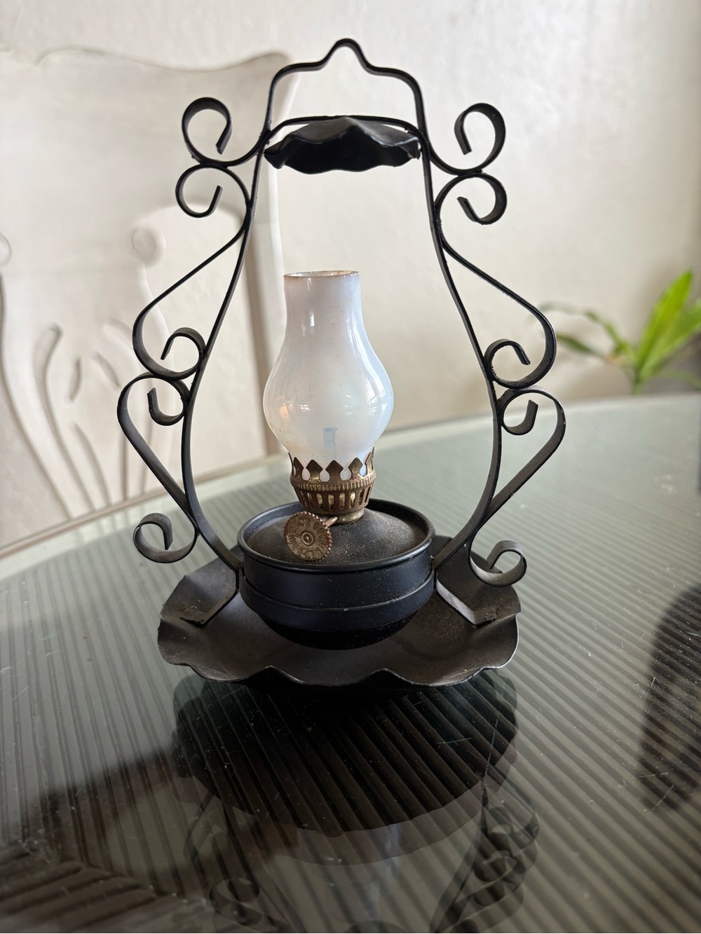 Vintage-Style Black Metal Oil Lamp with White Glass Shade